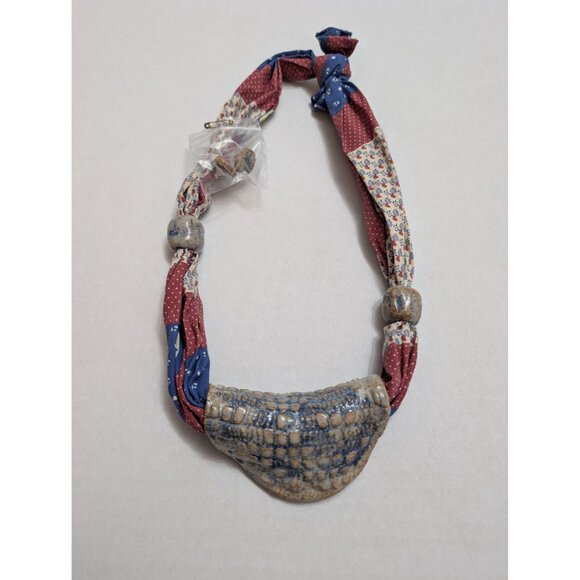 Handmade Jewelry - Scarf Bandana necklace & stud earrings ceramic red white blue country quilt 13"